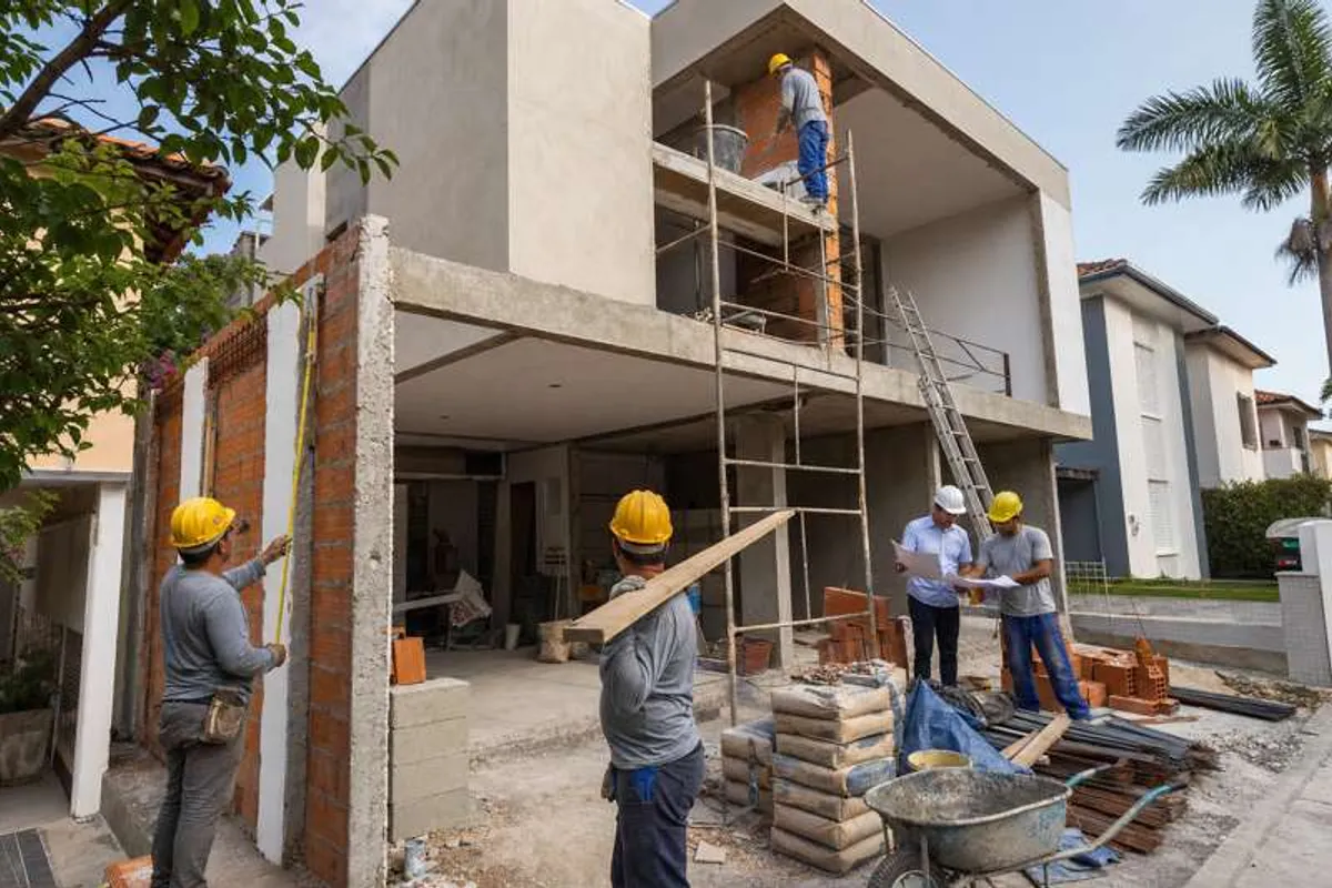 Construtora em Saco Grande: casa em obra com operários, tijolos e andaime durante construção e reforma